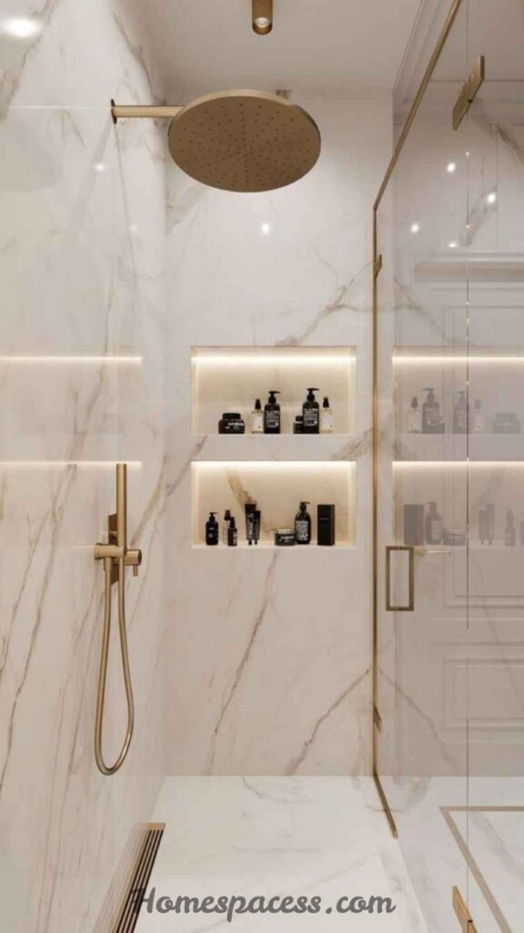 29 Bathroom Decor Ideas That Transform Any Space 11 Install Recessed Niches in Shower Walls