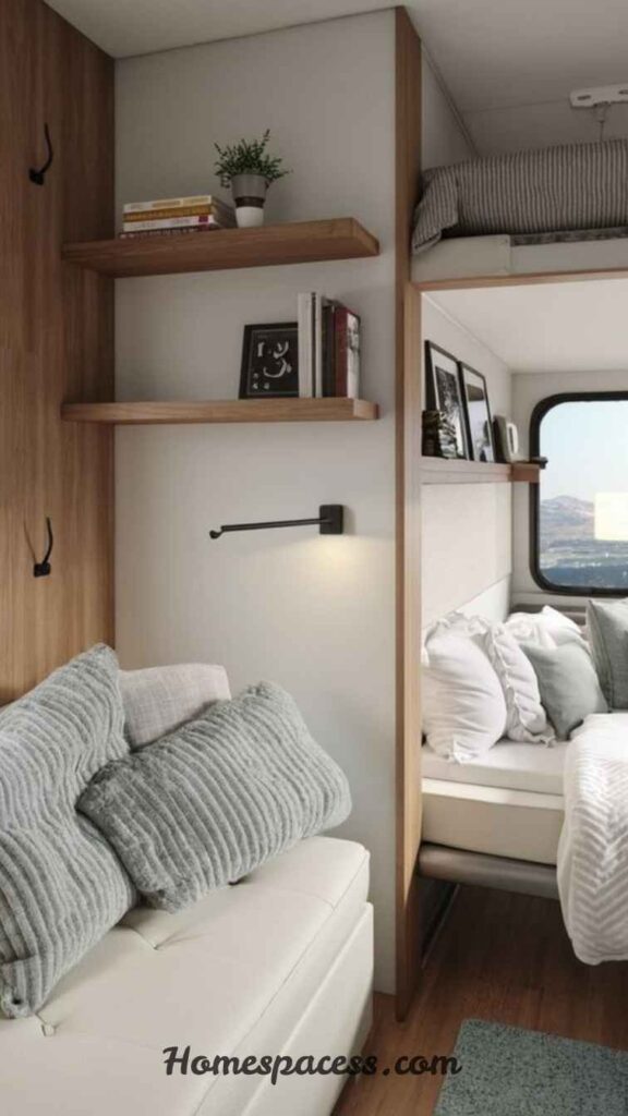 Creative Camper Interior Ideas to Make Your RV Feel Like a Dream Home 4 Install Floating Shelves to Free Up Floor Space