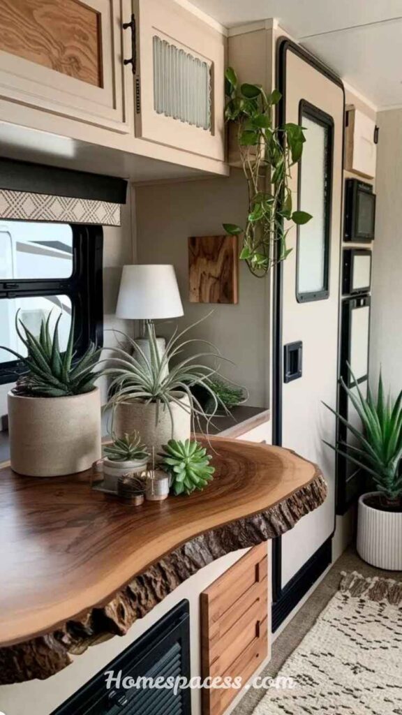 Creative Camper Interior Ideas to Make Your RV Feel Like a Dream Home 14 Incorporate Living Plants for Air Quality and Visual Connection to Nature