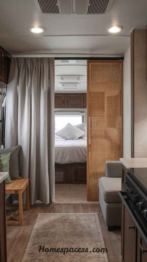 Creative Camper Interior Ideas to Make Your RV Feel Like a Dream Home 8 Add a Sliding Barn Door to Separate Sleeping from Living Areas