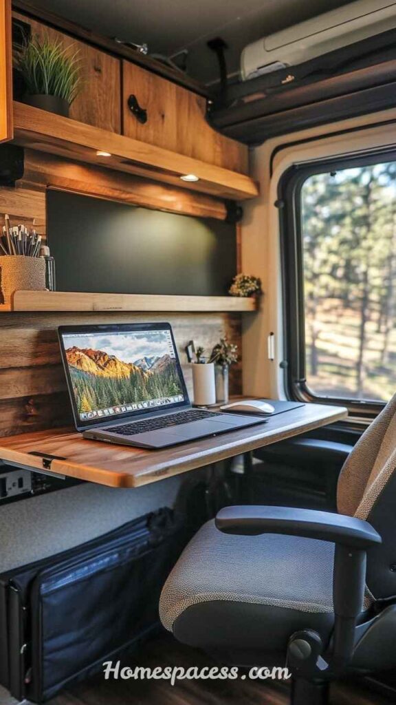 Creative Camper Interior Ideas to Make Your RV Feel Like a Dream Home 11 Create a Dedicated Workspace with a Fold-Down Desk