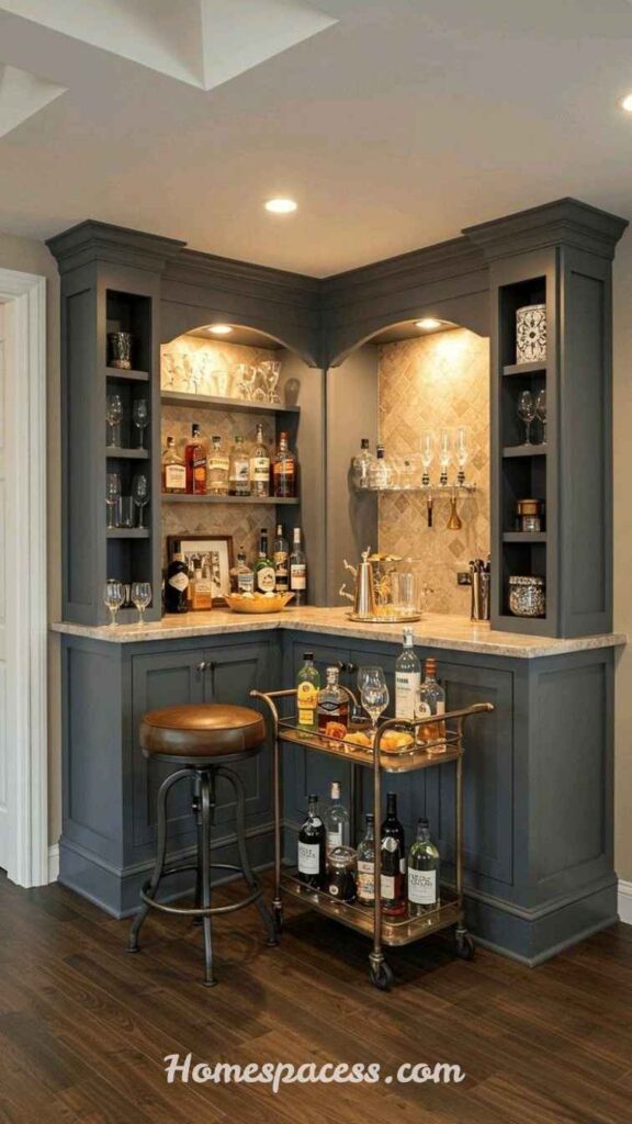 Home Bar Ideas That Make Entertaining at Home More Fun 13 Corner Nook Bar: