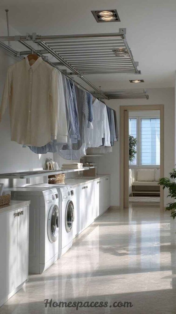 18 Brilliant Laundry Room Ideas That Actually Transform the Space 11 Install a Pull-Out or Ceiling-Mounted Drying Rack