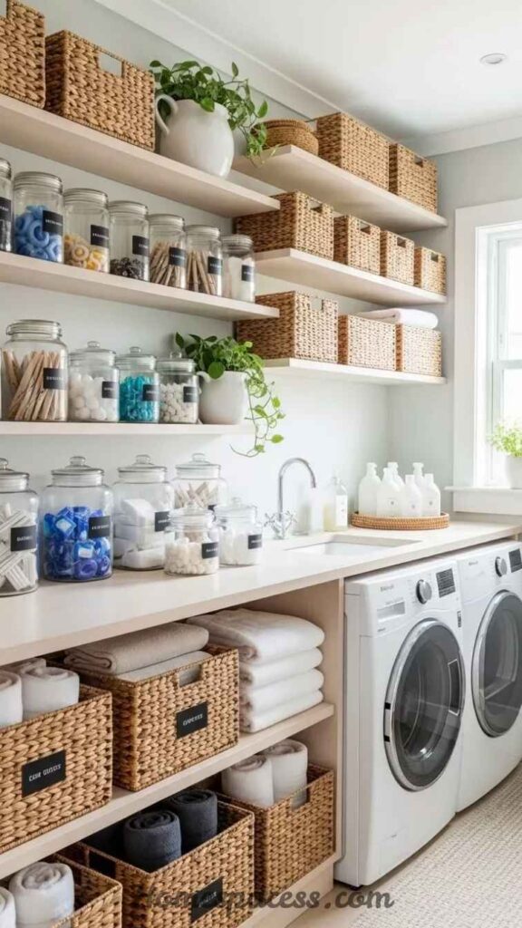 18 Brilliant Laundry Room Ideas That Actually Transform the Space 15 Use Open Shelving with Styled Storage Baskets