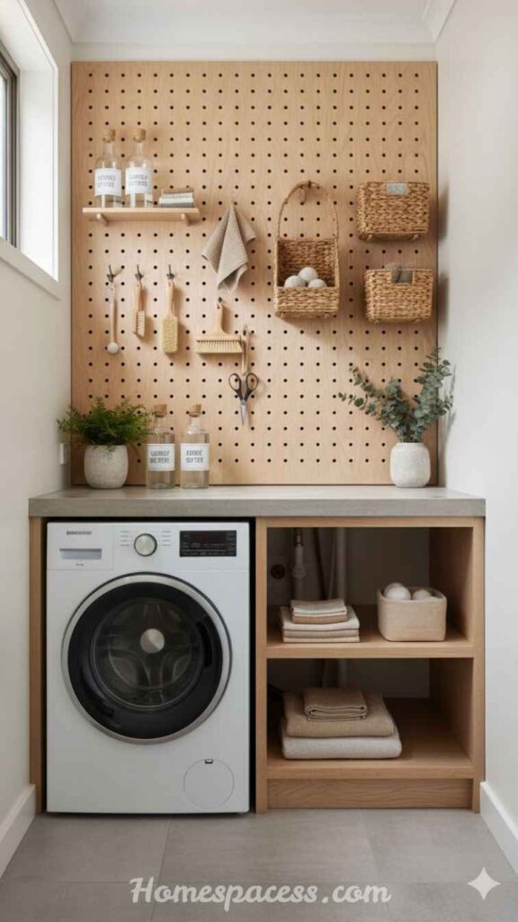18 Brilliant Laundry Room Ideas That Actually Transform the Space 8 Combine Floating Shelves with a Pegboard Wall