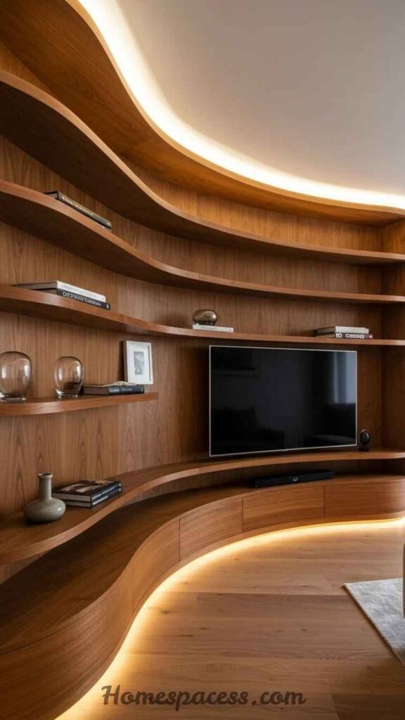 26 Media Wall Ideas That Transform Any Living Space in 2026 23 Curved or Arched Media Wall
