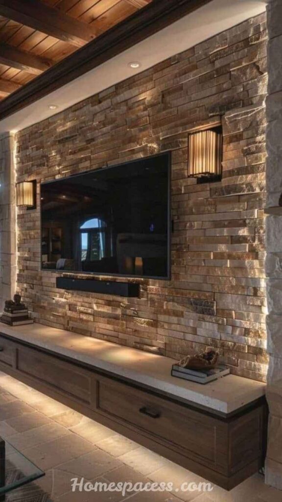 26 Media Wall Ideas That Transform Any Living Space in 2026 6 Stone or Brick Effect Media Wall