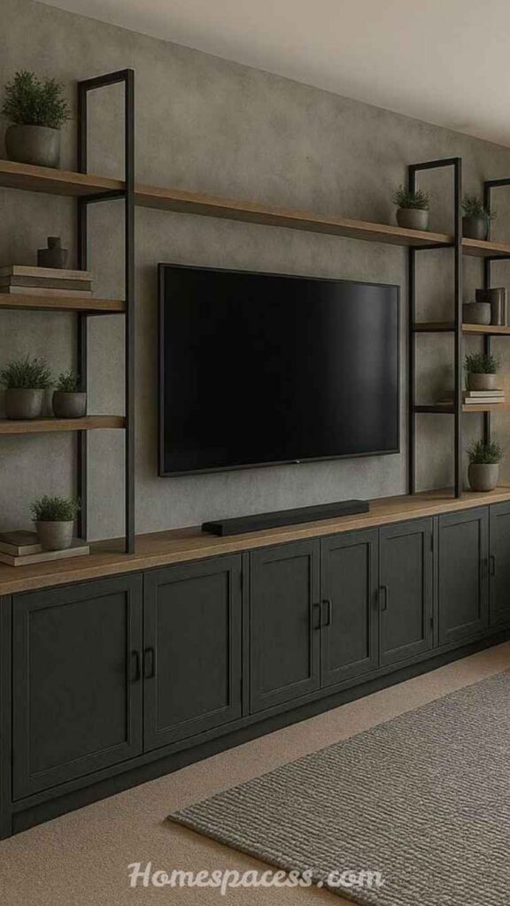 26 Media Wall Ideas That Transform Any Living Space in 2026 10 Industrial-Style Media Wall with Exposed Metal