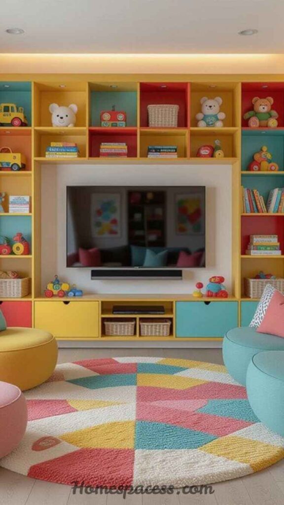 26 Media Wall Ideas That Transform Any Living Space in 2026 12 Colourful Kids' Room Media Wall