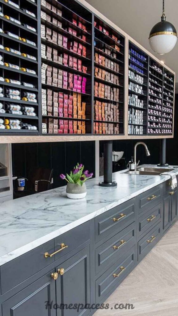27 Salon Interior Design Ideas That Turn Clients Into Loyal Fans 17 Create a Branded Color Bar Area for Color Consultations