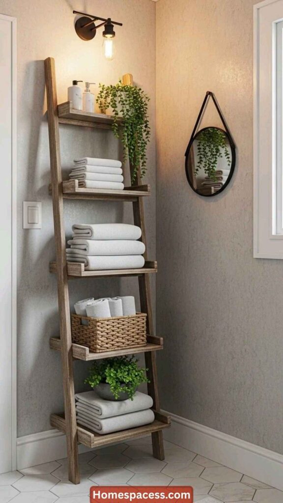 Small Bathroom Ideas:25 Clever Ways to Make Every Inch Count 9 Use Vertical Space with Tall Ladder Shelves