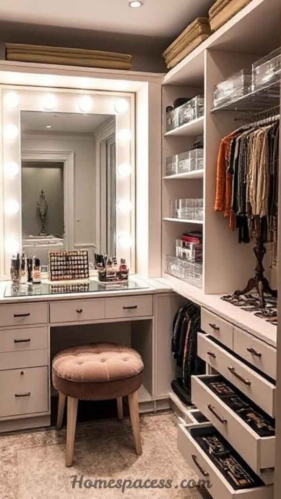 20 Walk In Closet Ideas To Transform Your Space 7 Built-In Vanity and Makeup Station