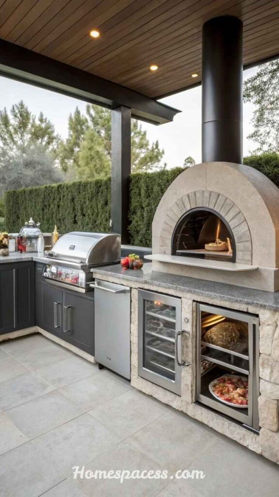Simple Outdoor Kitchen Ideas for Easy Backyard Cooking Setup 4 L-Shaped Layout With a Built-In Pizza Oven