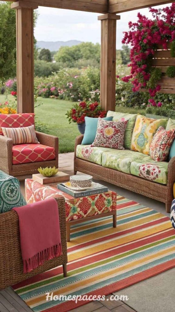Outdoor Patio Ideas That Turn Any Backyard Into a Relaxing Escape 14 Introduce Color with Outdoor Textiles and Décor