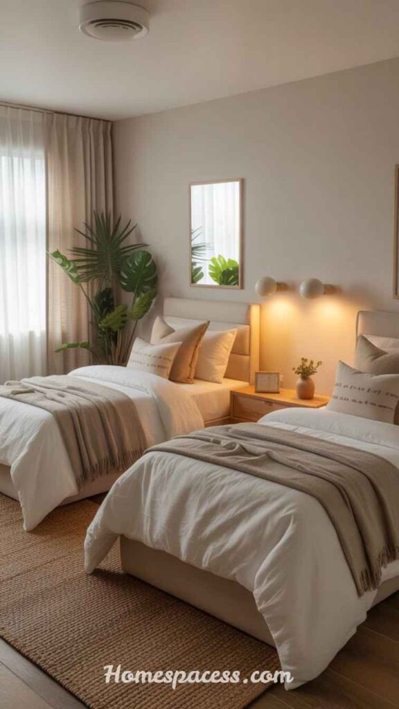 Creative Twin Bedroom Ideas with Modern Decor and Storage 13 Neutral Base + Bold Textile Strategy for a Grown-Up Twin Room