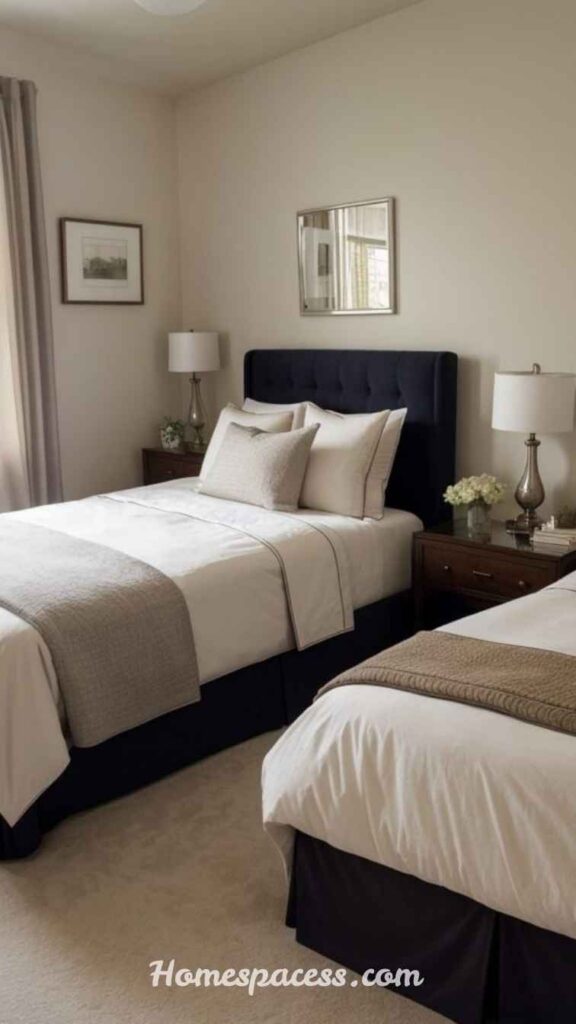 Creative Twin Bedroom Ideas with Modern Decor and Storage 6 Symmetrical Twin Bedroom Design with a Bold Focal Wall