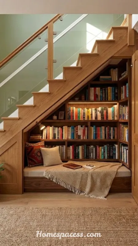 Under Stairs Storage Ideas: Smart Ways to Transform Wasted Space into Functional Storage 9 A Cozy Reading Nook with Built-In Bookshelves
