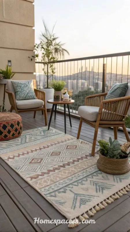 Apartment Balcony Ideas to Turn Your Tiny Outdoor Space Into a Cozy Retreat 5 Install Weather-Resistant Outdoor Rugs