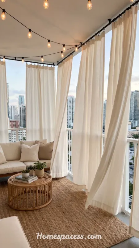 Apartment Balcony Ideas to Turn Your Tiny Outdoor Space Into a Cozy Retreat 12 Install Weatherproof Curtains for Sun and Wind Control