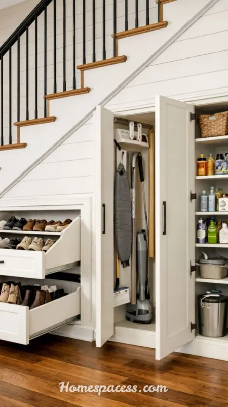 Under Stairs Storage Ideas: Smart Ways to Transform Wasted Space into Functional Storage 15 Smart Storage Cupboard with Custom Shelving Zones