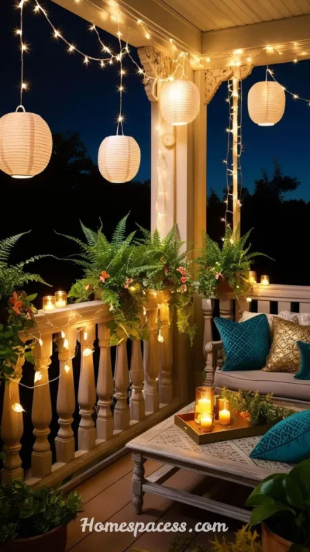 Apartment Balcony Ideas to Turn Your Tiny Outdoor Space Into a Cozy Retreat 6 Use String Lights and Lanterns for Ambient Lighting