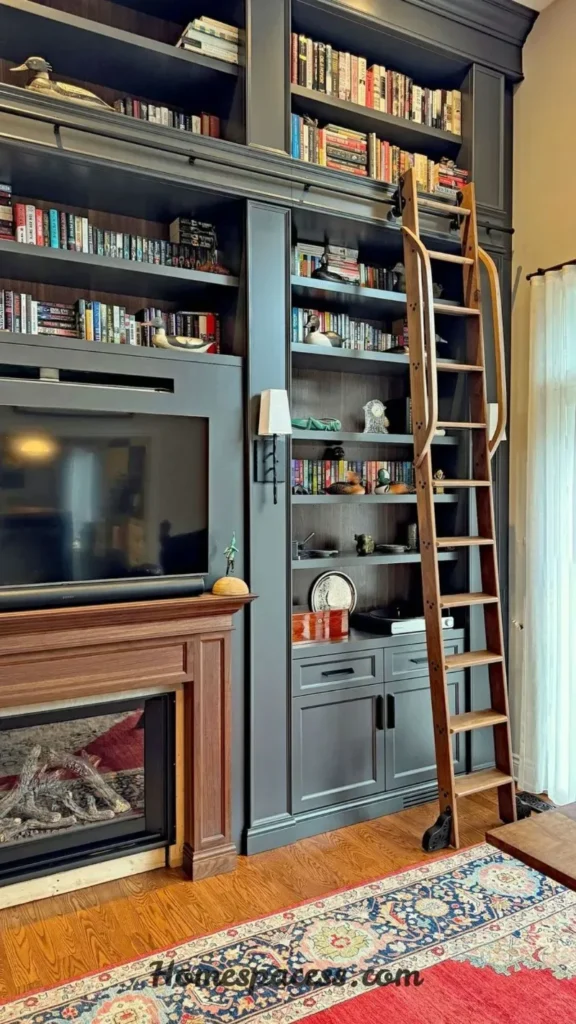 Smart Library Office Room Ideas to Design a Beautiful and Functional Reading Space 6 Rolling Ladder for Tall Bookshelves