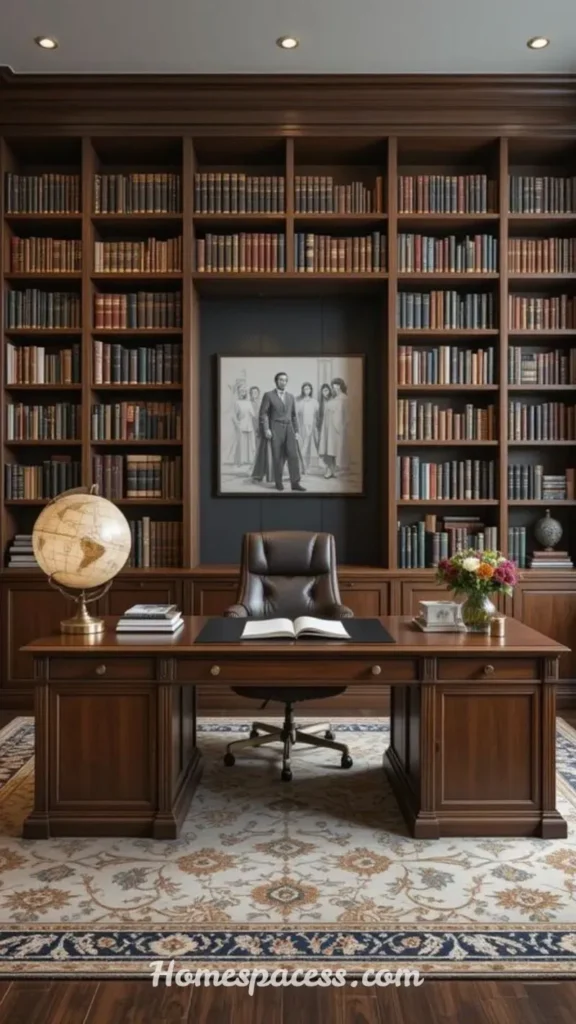Smart Library Office Room Ideas to Design a Beautiful and Functional Reading Space 8 Rich Wood Tones and Classic Wainscoting