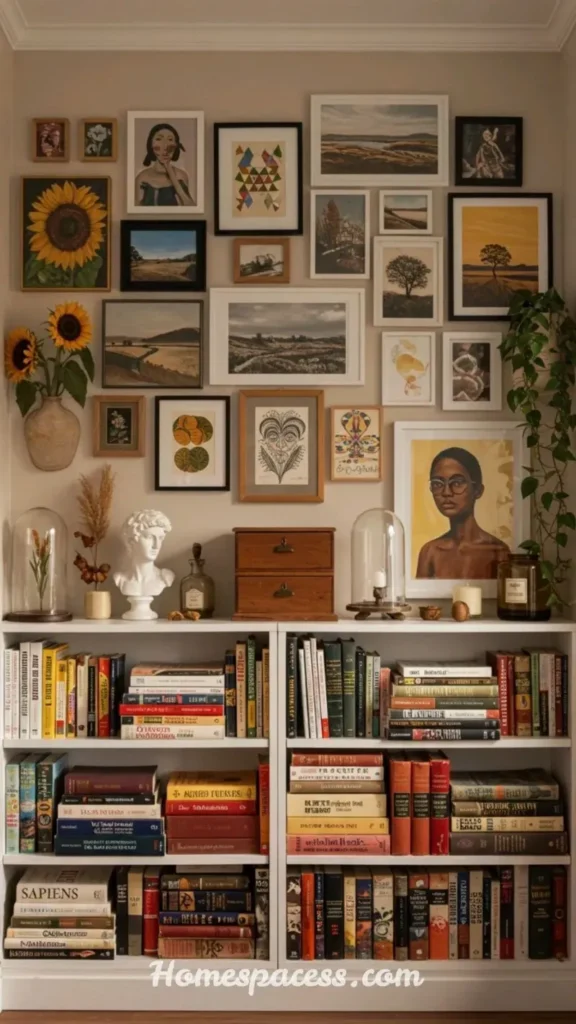 Smart Library Office Room Ideas to Design a Beautiful and Functional Reading Space 11 Gallery Wall of Art Above the Bookshelves