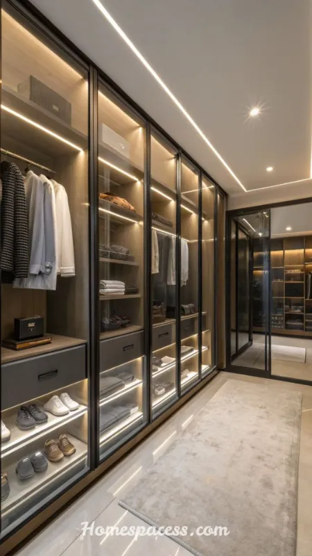Small Walk-In Closet Ideas That Maximize Style and Storage 6 Glass Doors or Open Shelving for Visual Depth