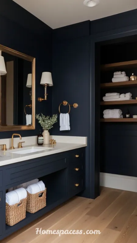 Guest Half Bathroom Ideas: Stylish Designs to Wow Every Visitor 5 Moody Dark Paint with Warm Brass Accents