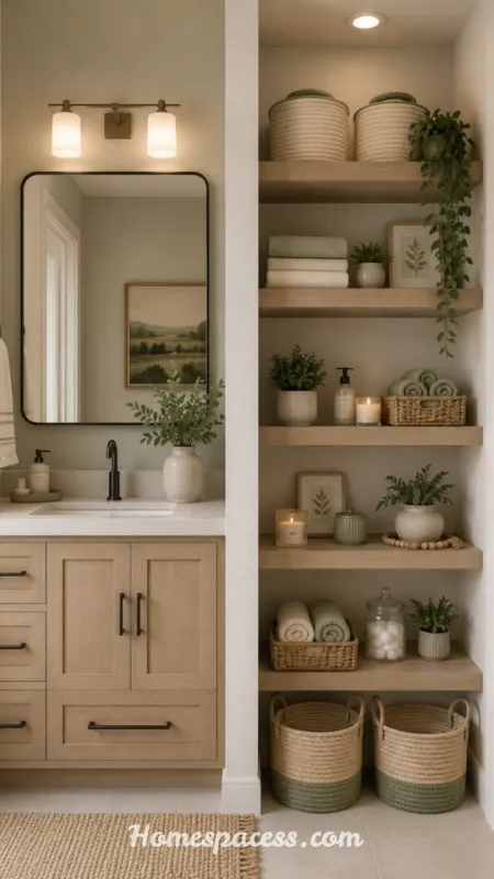Farmhouse Bathroom Ideas: Rustic-Chic Designs for a Cozy, Timeless Retreat 8 Open Shelving with Woven Baskets