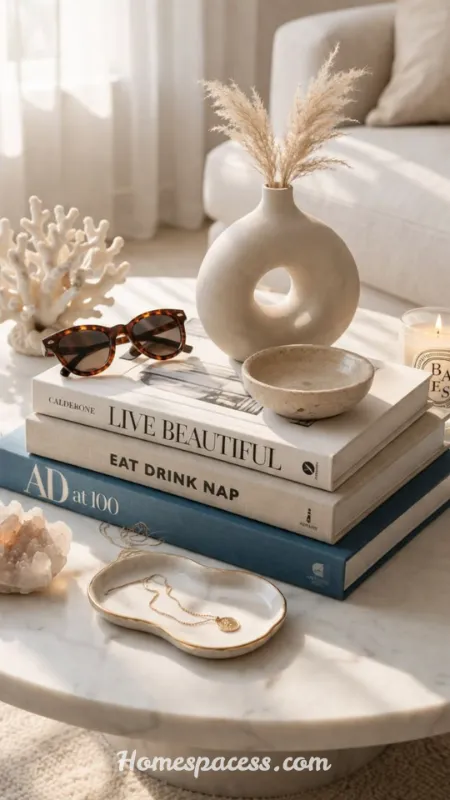 Round Coffee Table Decor Ideas to Instantly Elevate Your Living Room 5 Stack of Coffee Table Books with a Sculptural Object