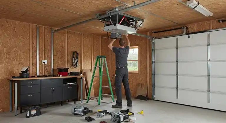 Enhancing Curb Appeal with Custom Garage Door Installation A man working in a room fixing architectural works