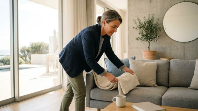 A property manager inspects a clean, modern living room, preparing the home for guests as part of vacation rental management services.