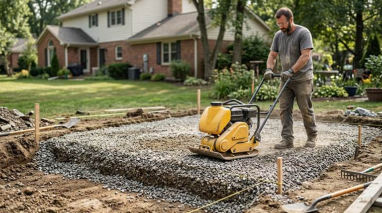 Beyond the Pavers: What Really Drives the Cost of a New Patio or Walkway? A construction worker uses a plate compactor to prepare the deep gravel base for a new patio during a professional hardscape installation.