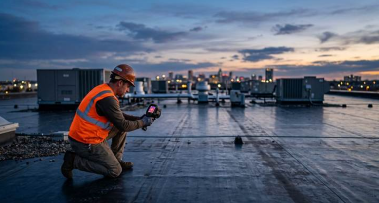 A professional in a safety vest uses a thermal imaging camera to inspect a large, flat commercial roof at dusk for a proper repair.