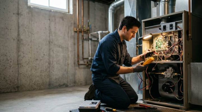 A technician kneels in a basement to perform a furnace repair, using a diagnostic tool on the open control panel of a home heating system.