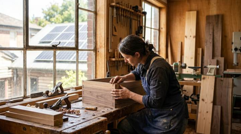 A woodworker in a sunlit workshop carefully inspects the joinery on a piece of high-quality, sustainable furniture.