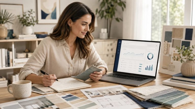 A girl is writing and analyzing interior Design and doing seo